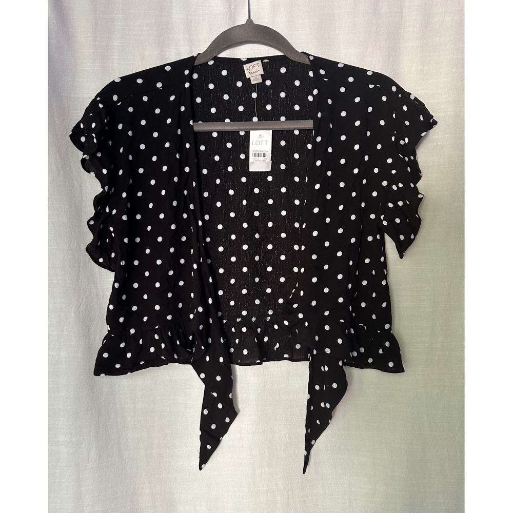 Loft Beach Womens XS Black Polka Dot Tie Front Ruffle Crop Top Blouse 27061640 - Picture 7 of 8